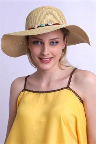 Boncuk Detaylı Hasır Kadın Plaj Şapkası